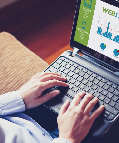 Web statistics consulting. Woman using a laptop computer to anal